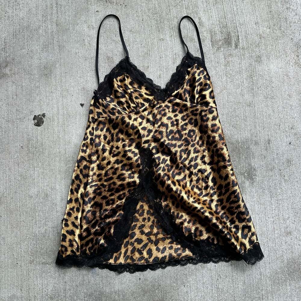 Leopard Print Satin Cami with Black Lace Trim